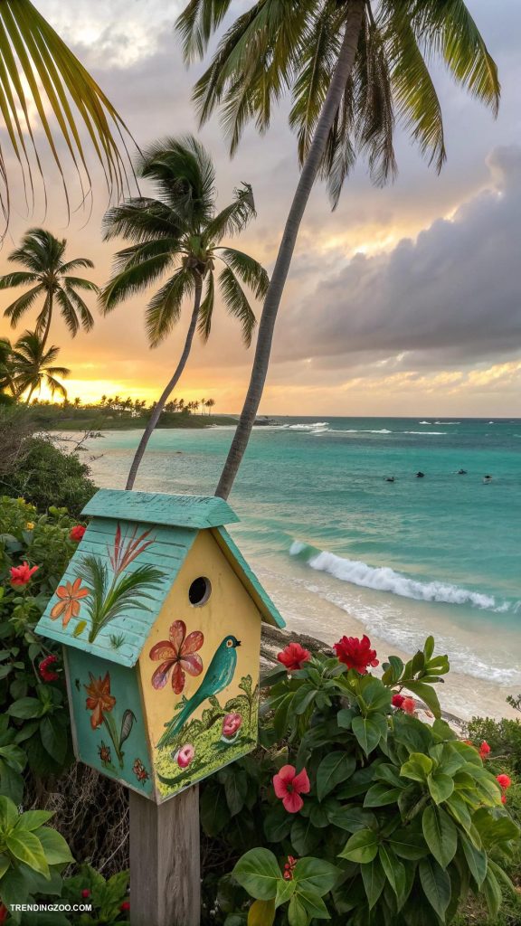 bird house painting ideas Tropical paradise with palm trees and waves
