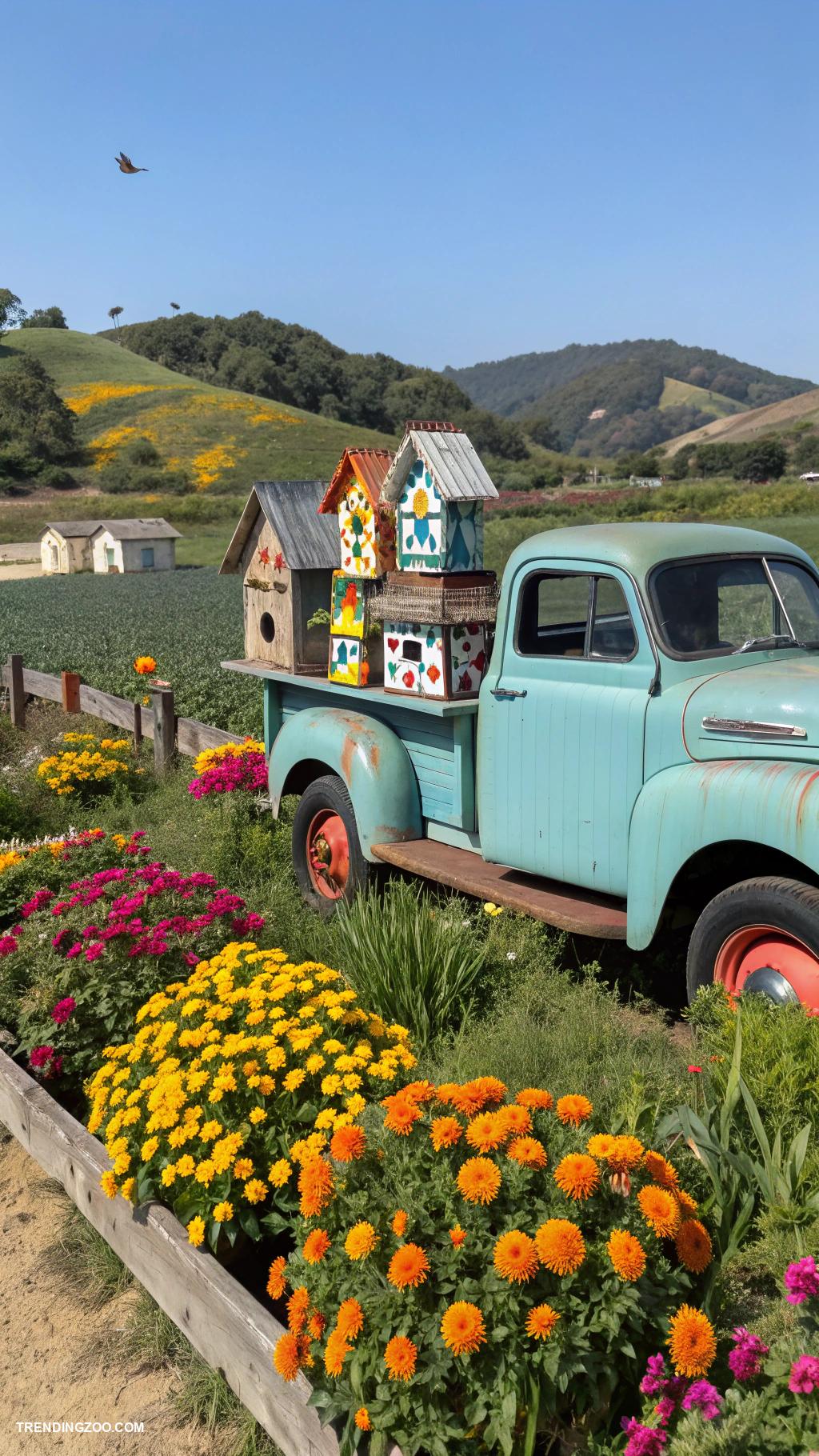 bird house painting ideas Vintage truck with colorful flower beds