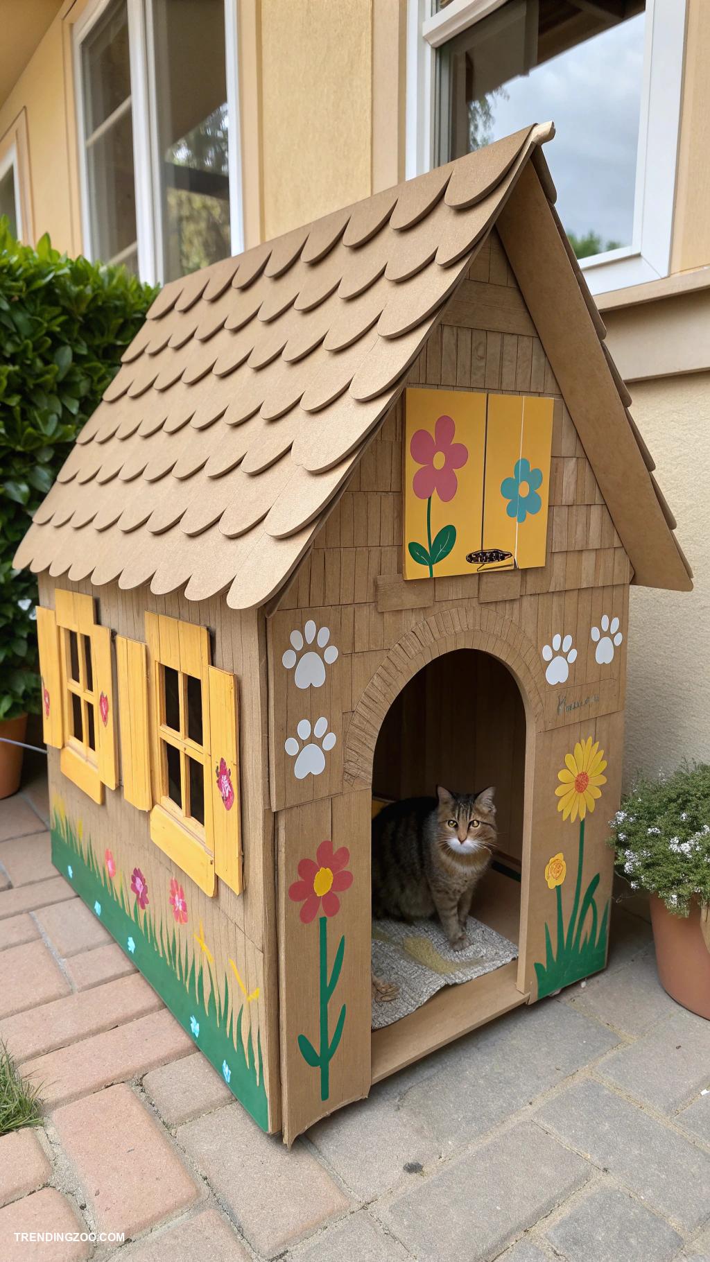 cardboard cat house diy Cardboard bungalow with painted windows