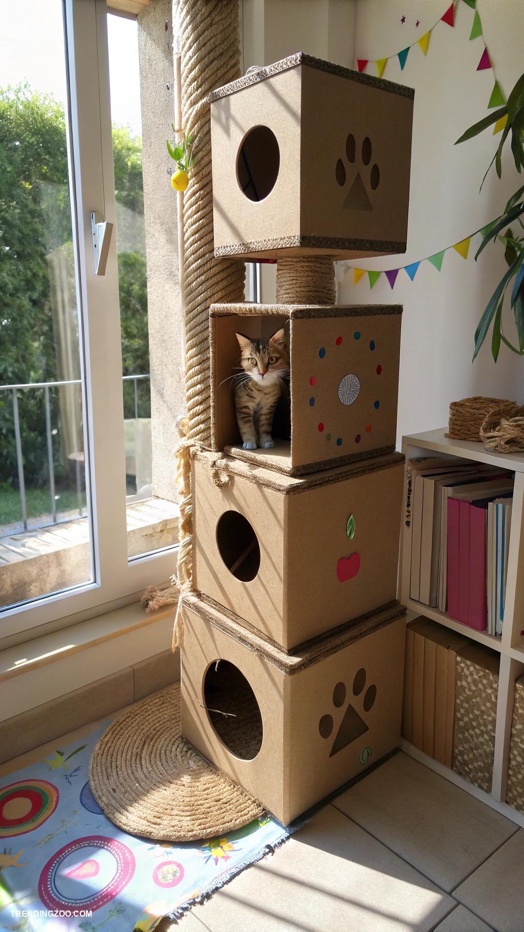 cardboard cat house diy Cat tree with stacked cardboard compartments