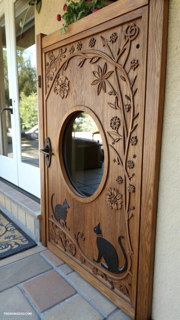 cat door ideas Wooden cat door with carved designs