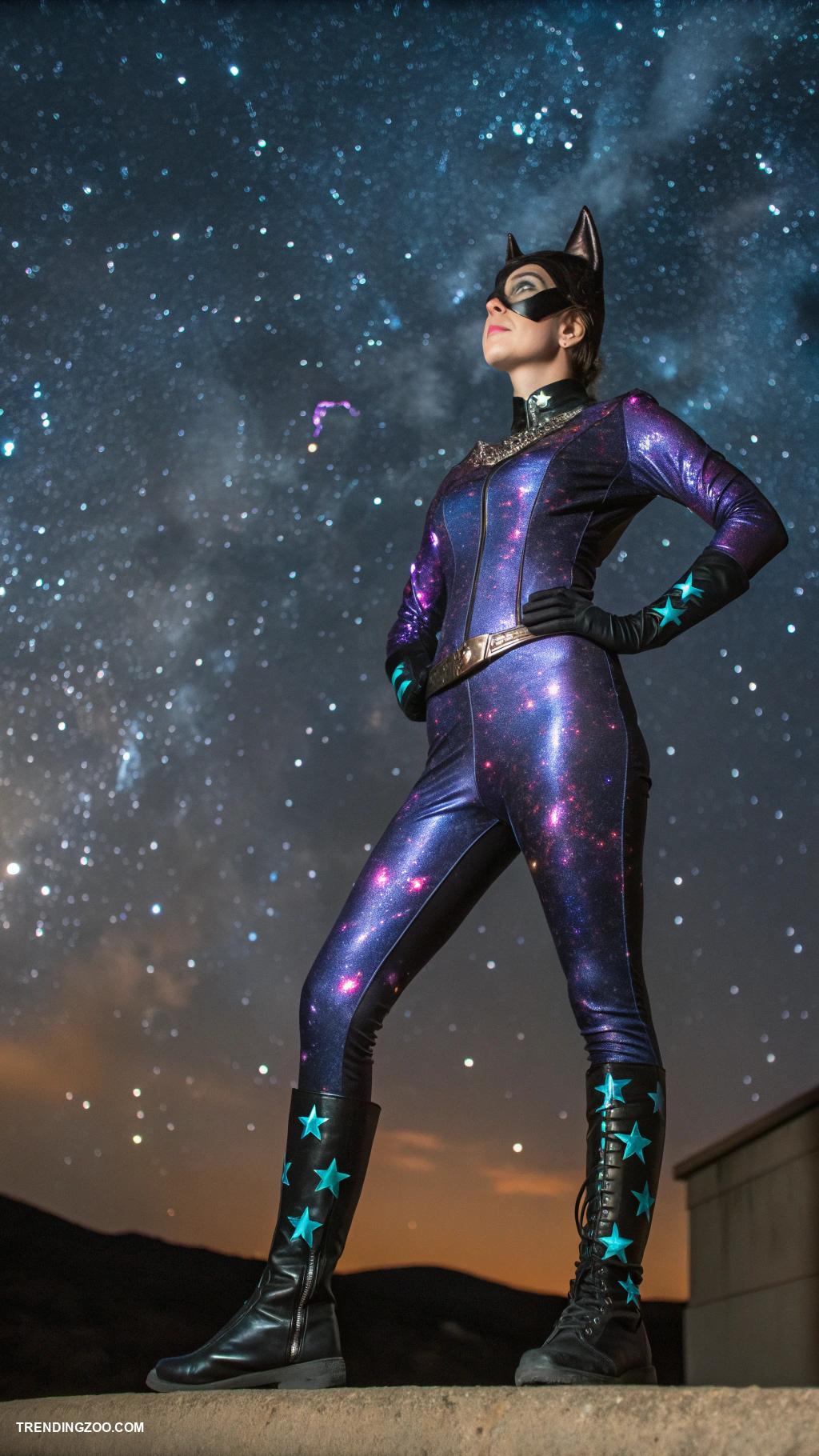 cat woman costumes Cosmic Catwoman with glitter and stars