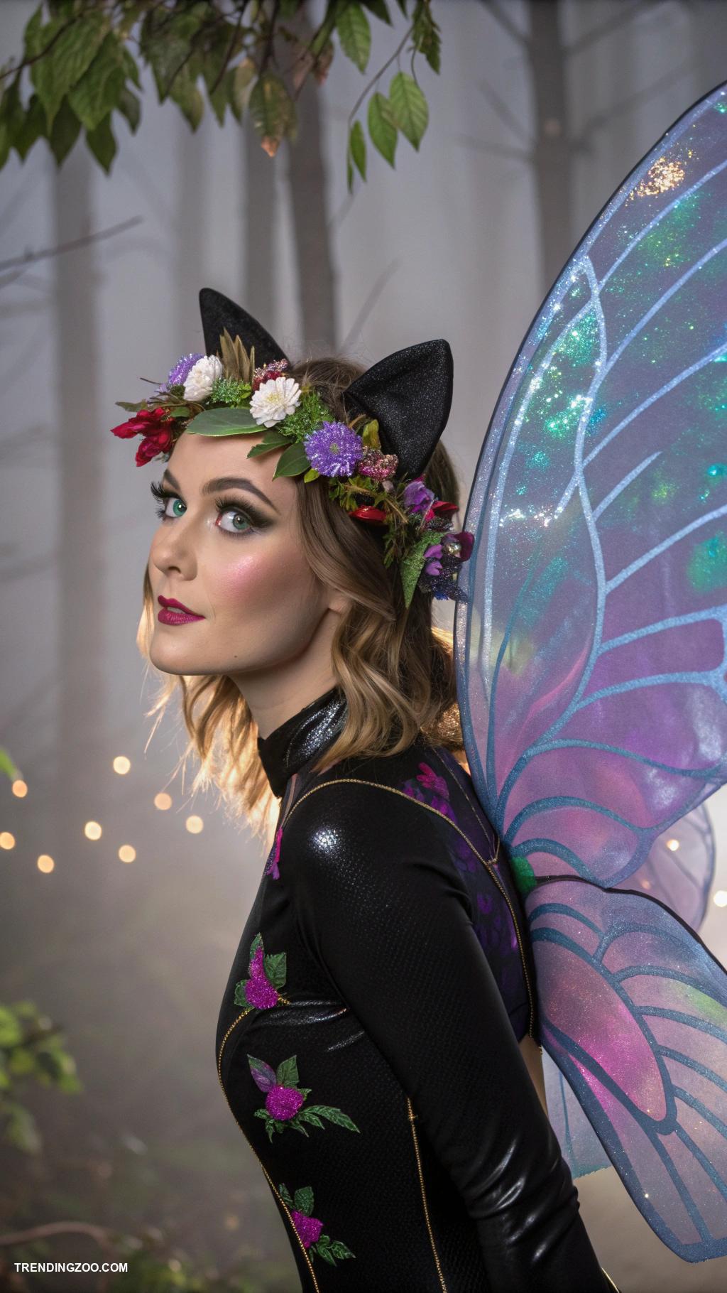 cat woman costumes Fairy Catwoman with wings and flower crown