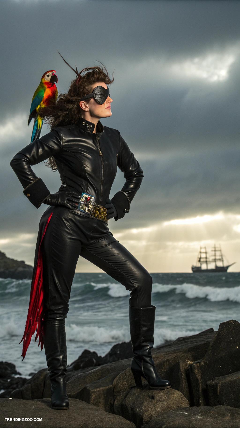 cat woman costumes Pirate Catwoman with eyepatch and parrot