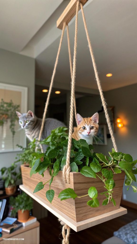 cats diy projects Hanging cat planter for indoor climbing