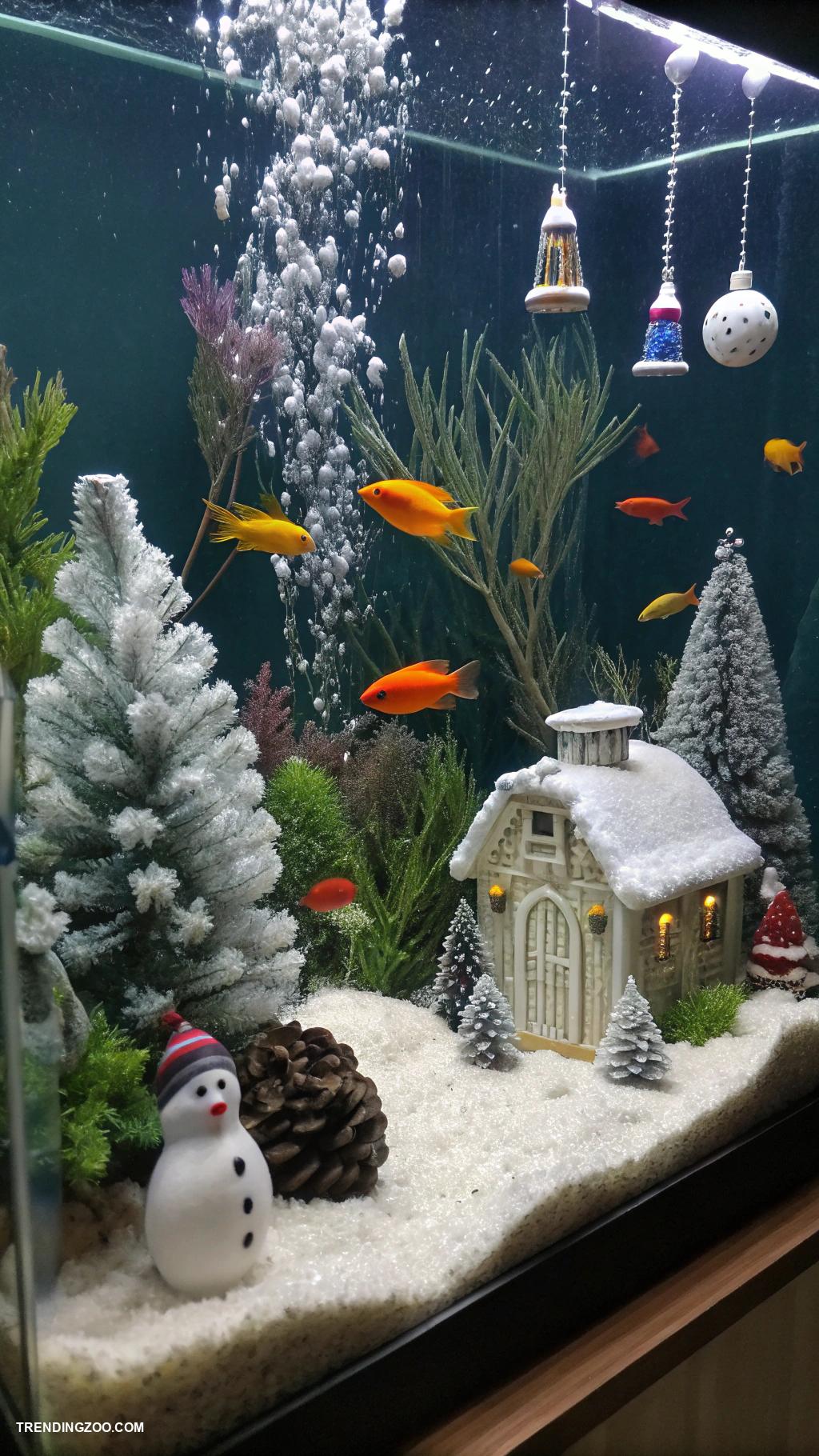 christmas animals Tropical fish tank with winter themed decorations