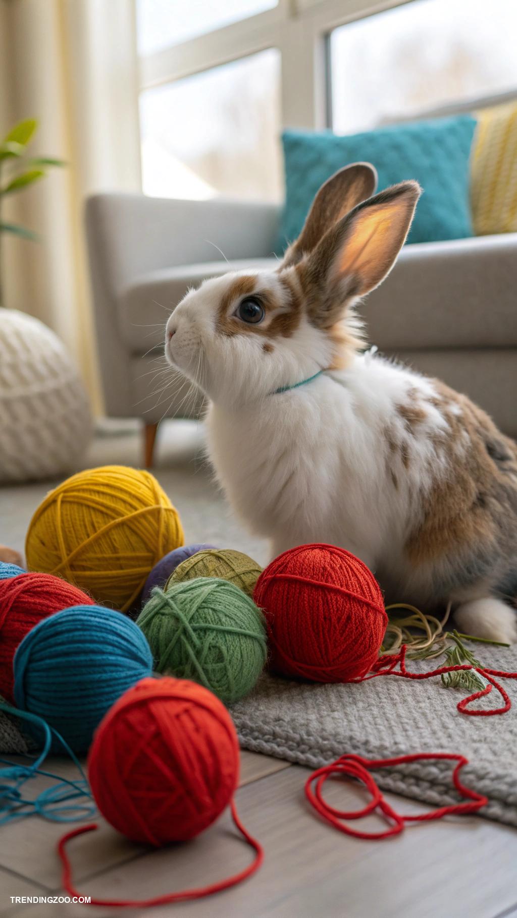 cute bunny pictures Rabbit playing with colorful yarn balls