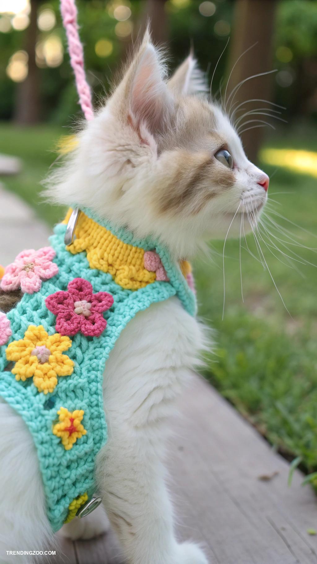 diy kitten harness Crocheted harness with colorful yarn accents
