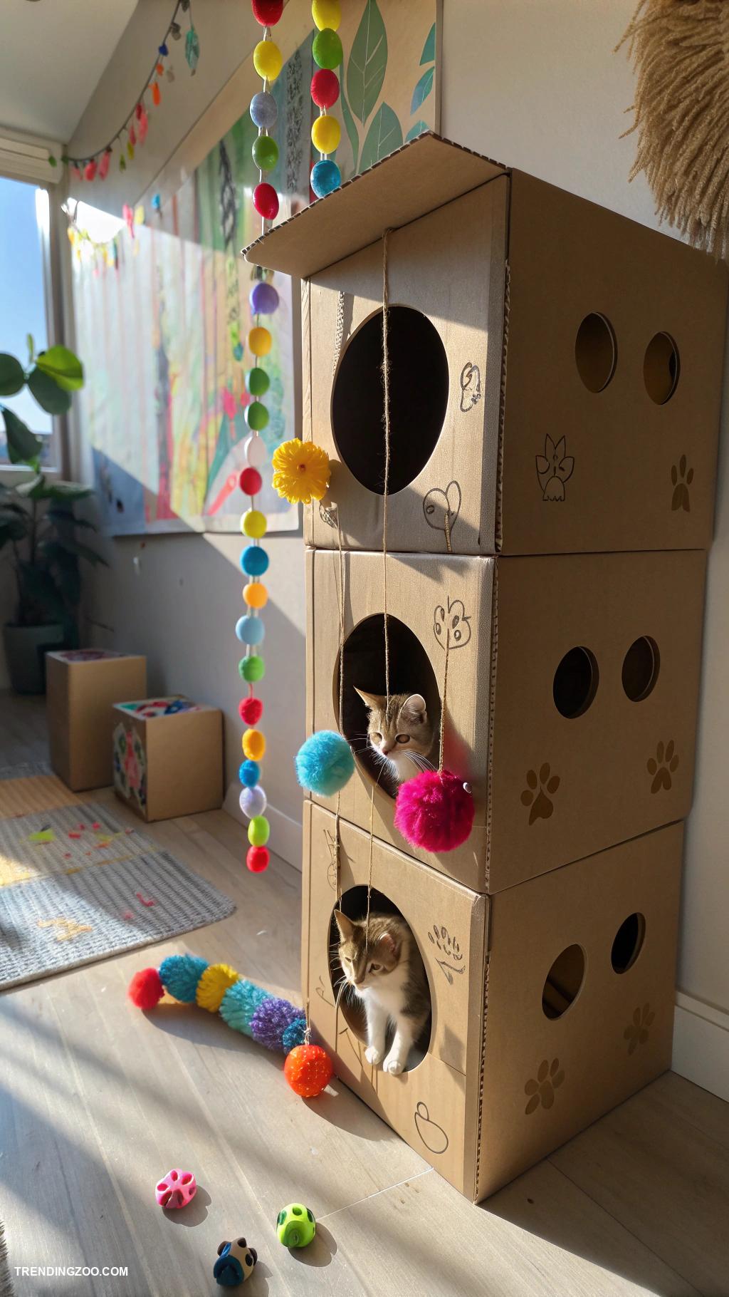 diy kitten toys Cardboard box maze with hidden surprises