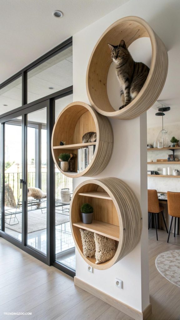 floating cat shelves Circular shelves resembling cat tunnels