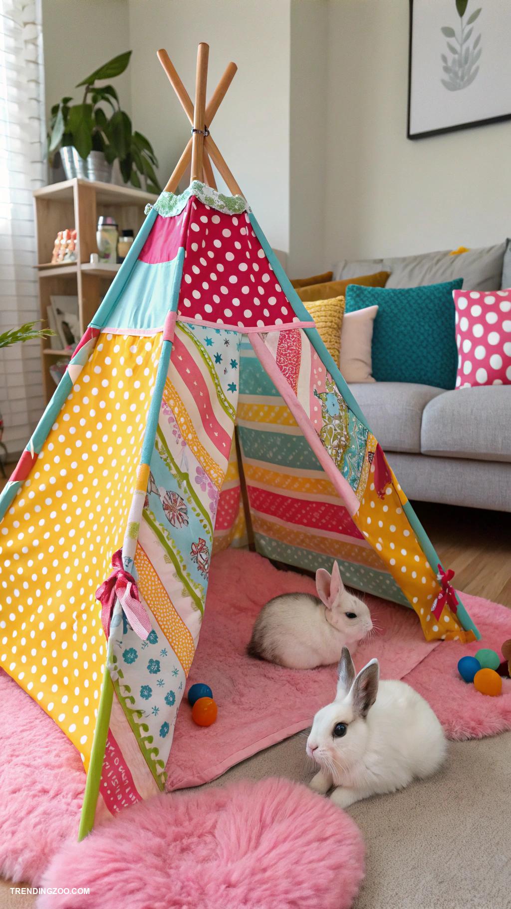 indoor bunny habitat ideas Colorful fabric tents for hide and seek fun