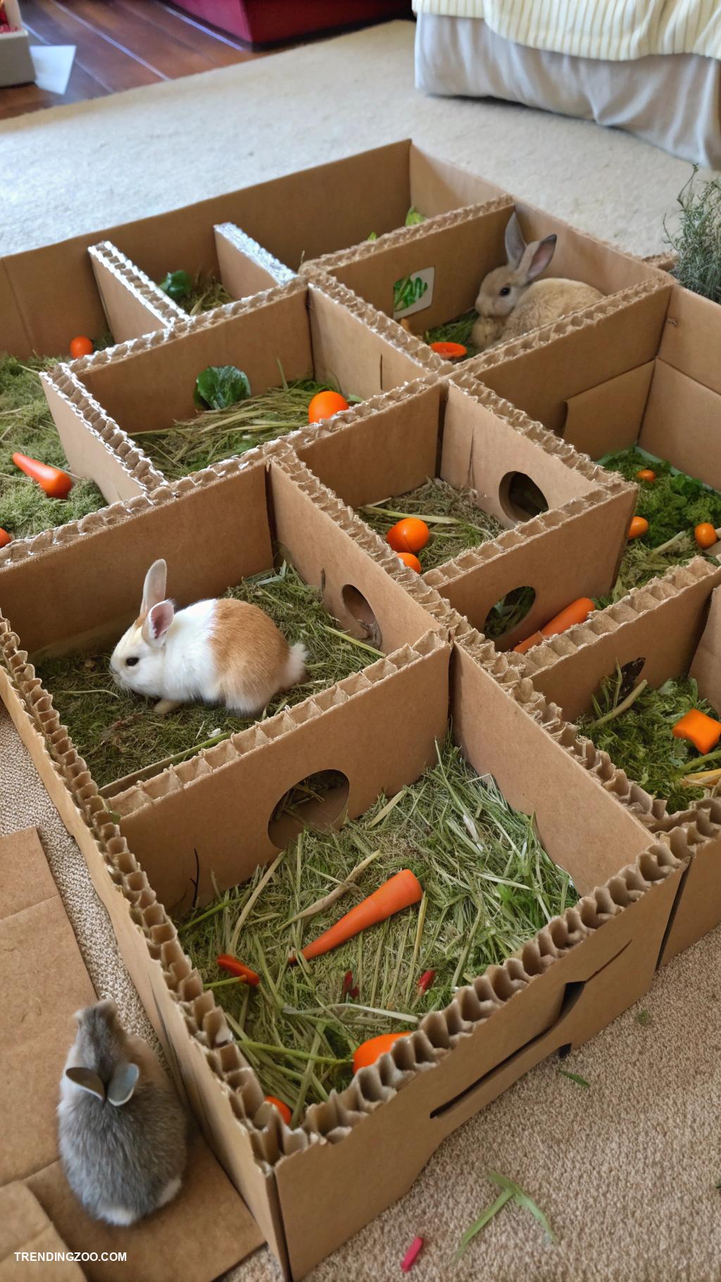 indoor bunny habitat ideas Eco friendly cardboard maze with treats