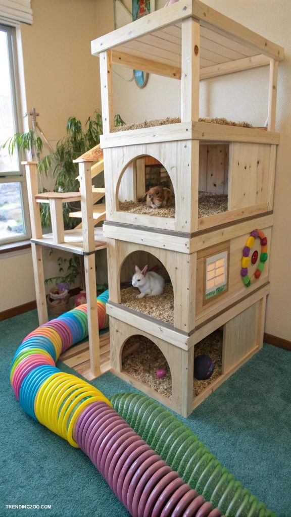 indoor bunny habitat ideas Multi level playhouse with tunnels and ramps