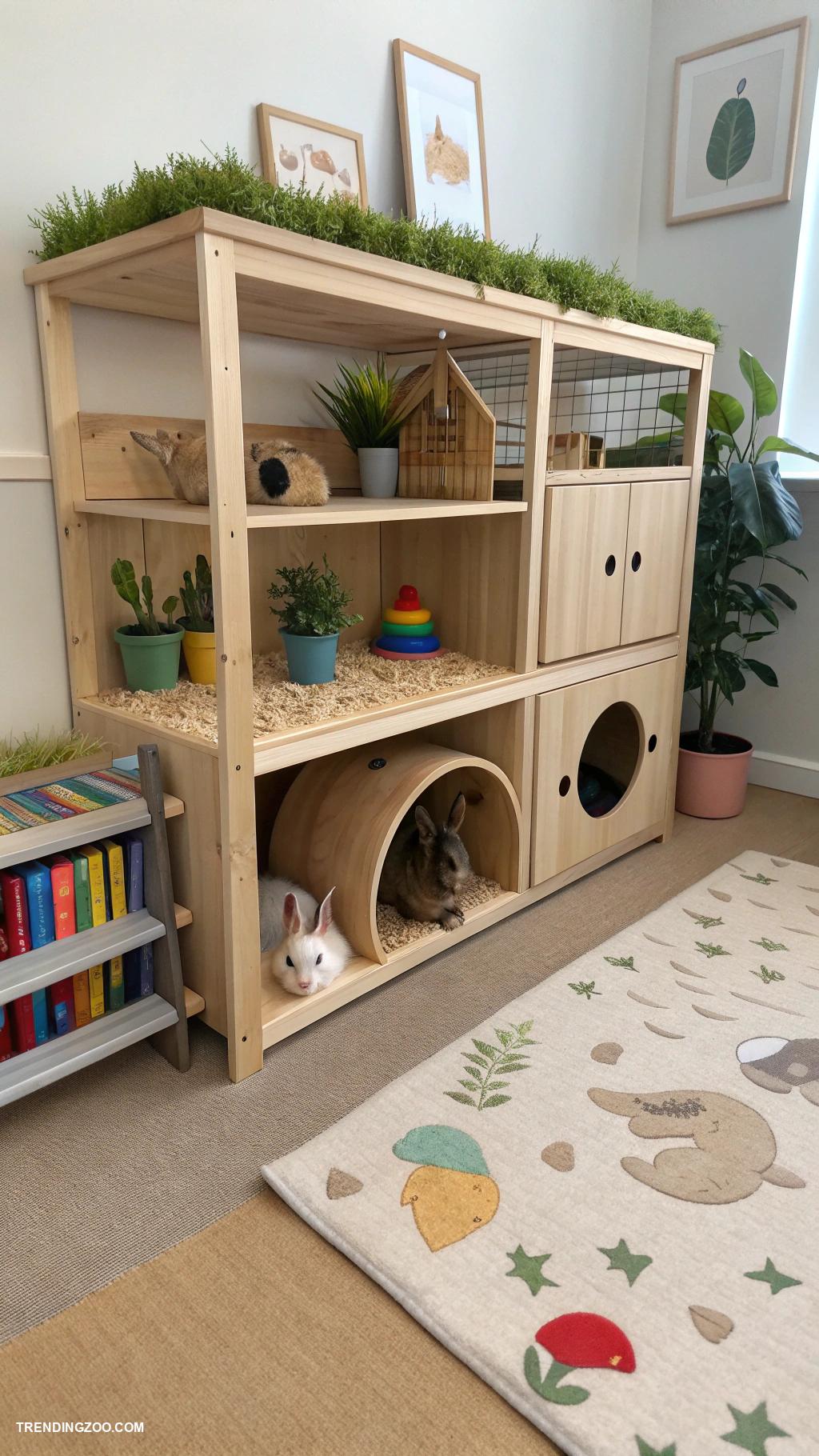 indoor bunny habitat ideas Puzzles and toys integrated within furniture pieces