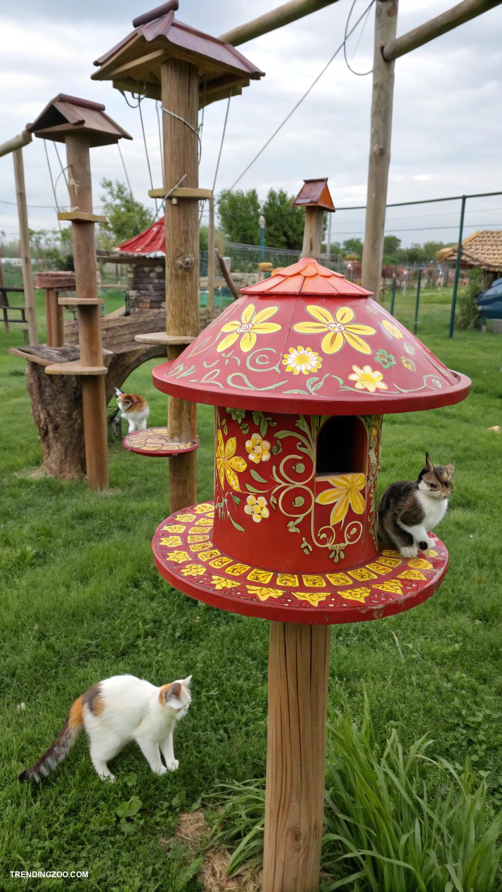outdoor cat playground ideas Rotating bird feeder for feline entertainment