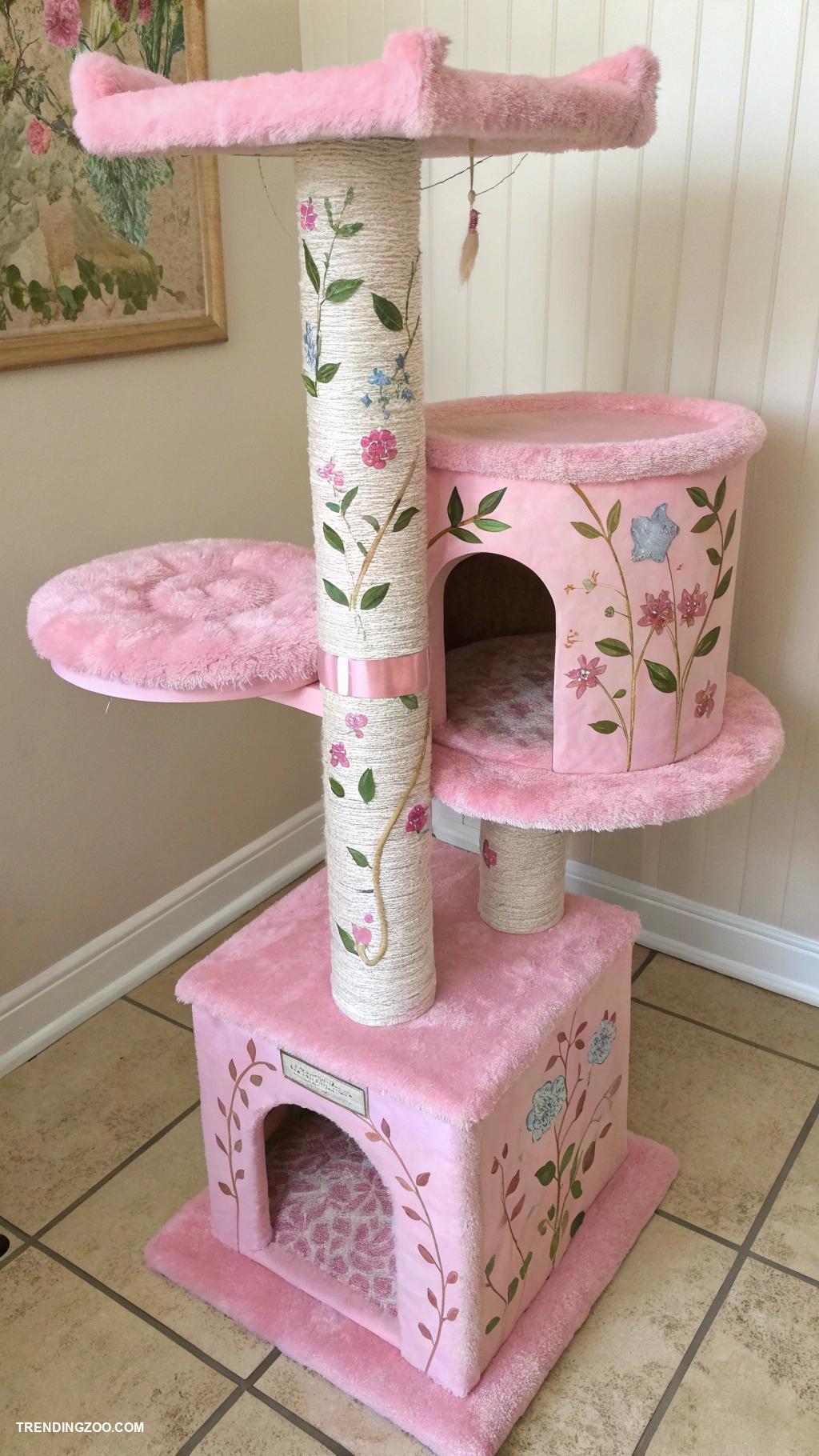 pink cat aesthetic Pink painted cat trees with floral designs
