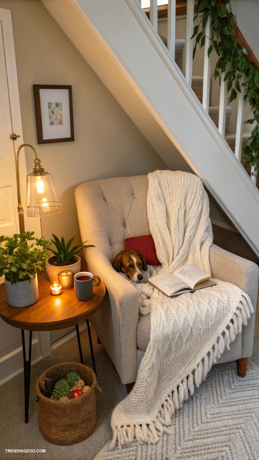 under stairs dog area Cozy reading nook with dog bed