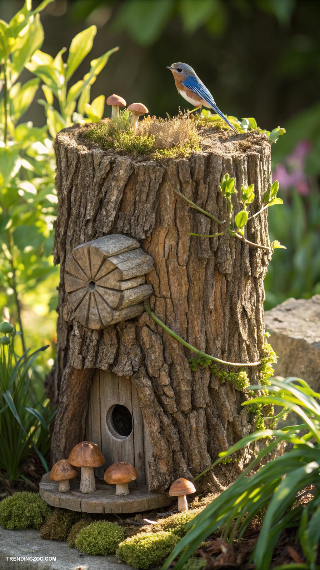 unique bird houses Tree stump birdhouse