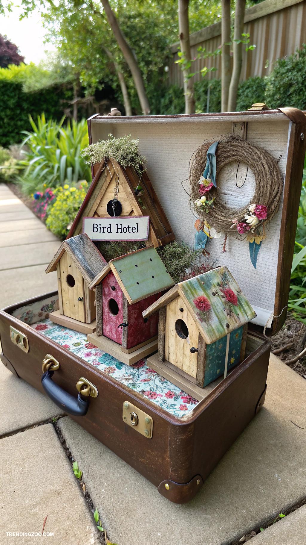 unique bird houses Vintage suitcase bird hotel