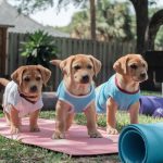 Cute lab puppies doing yoga in backyard