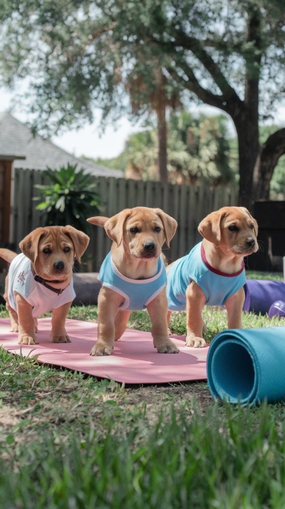 Cute lab puppies doing yoga in backyard