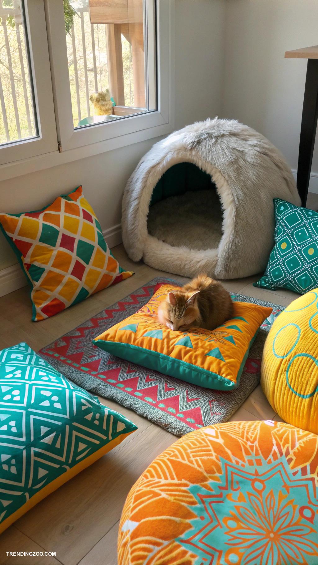 bedroom ideas with cat bed Colorful floor cushions for cat hangout