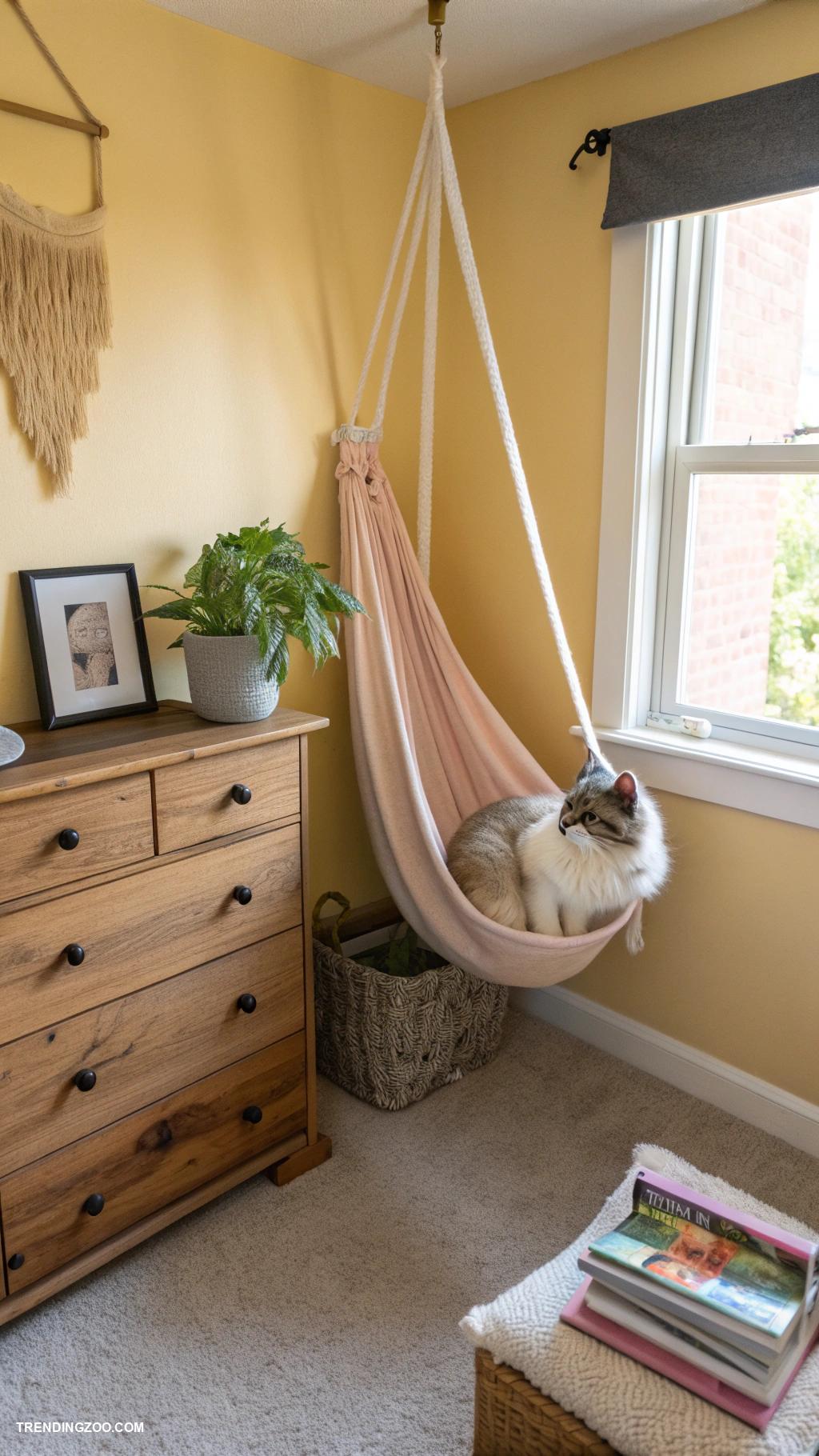 bedroom ideas with cat bed Hammock style cat bed above dresser