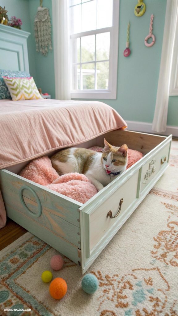 bedroom ideas with cat bed Repurposed dresser drawer cat bed