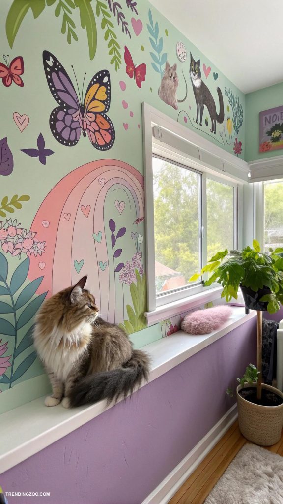 cat girls bedroom ideas Custom mural featuring favorite cat breeds