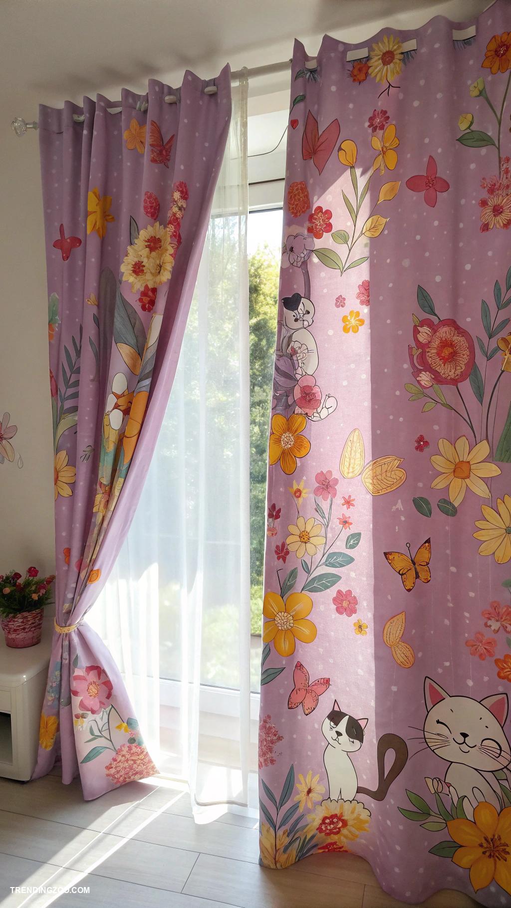 cat girls bedroom ideas Floral curtains with playful cat motifs