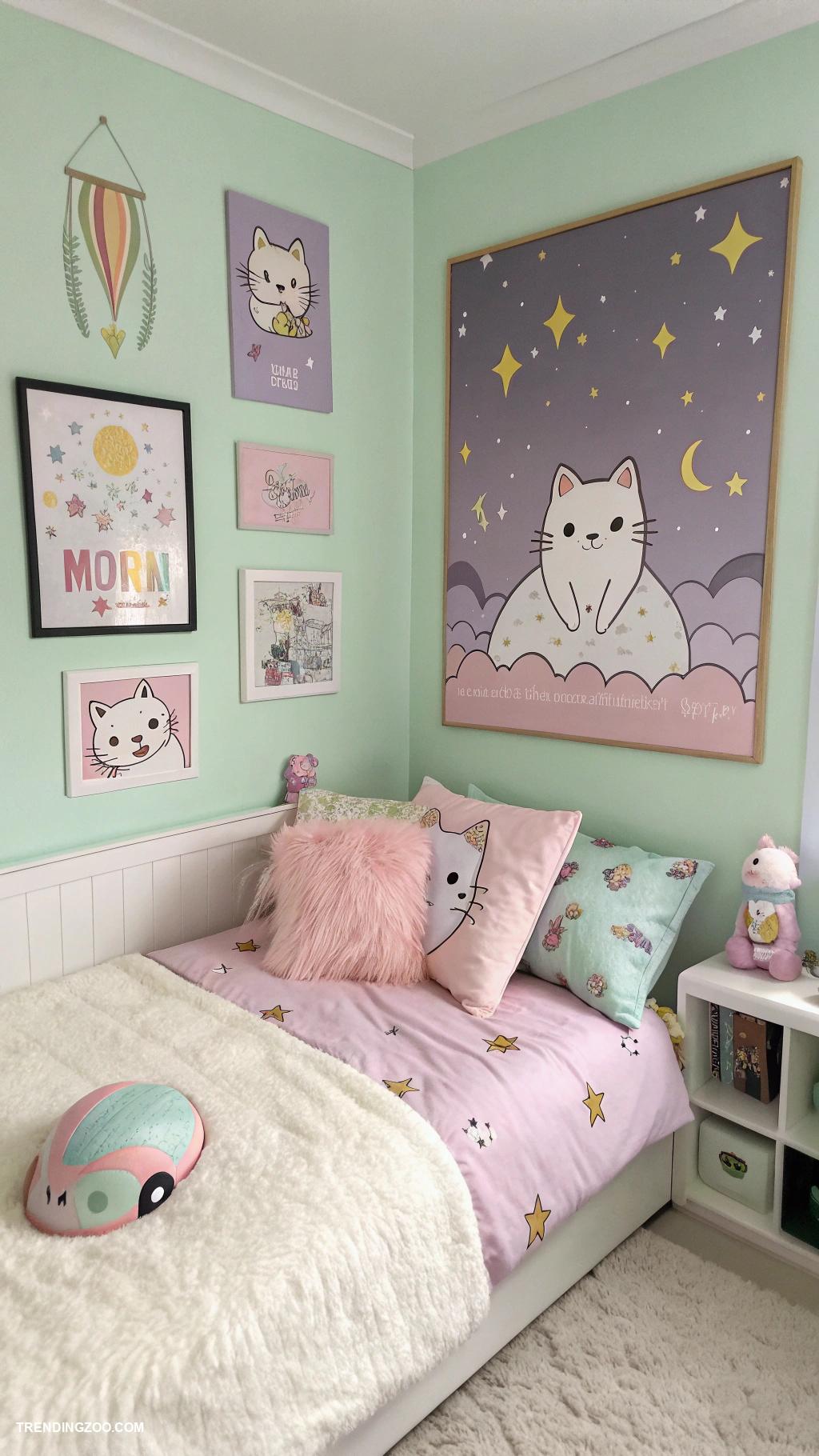cat girls bedroom ideas Pastel colors with cat themed wall art