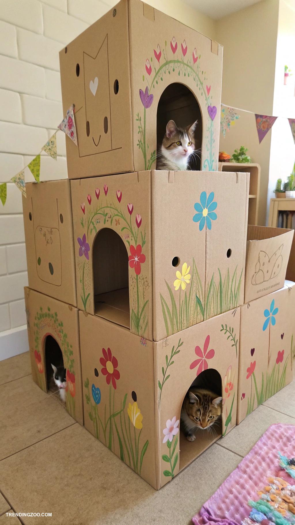 diy kitten house Cardboard box castle with tunnels