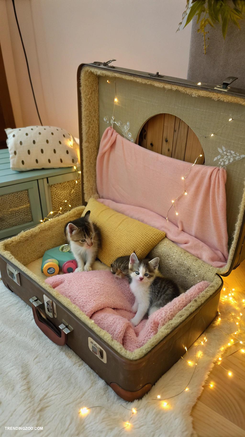 diy kitten house Old suitcase converted into a warm nook