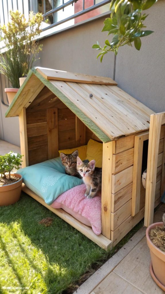 diy kitten house Pallet wood shelter with soft cushions