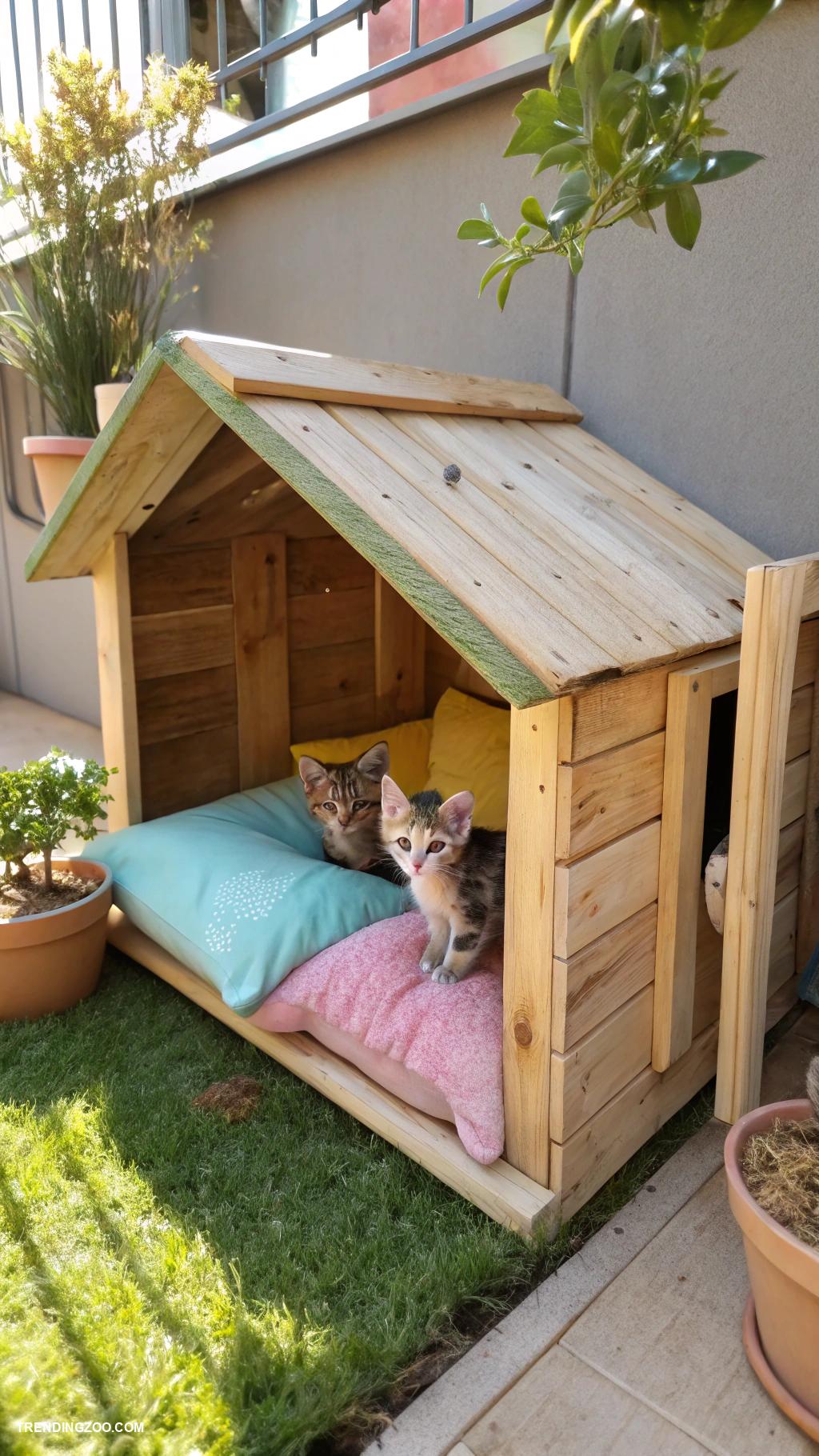 diy kitten house Pallet wood shelter with soft cushions