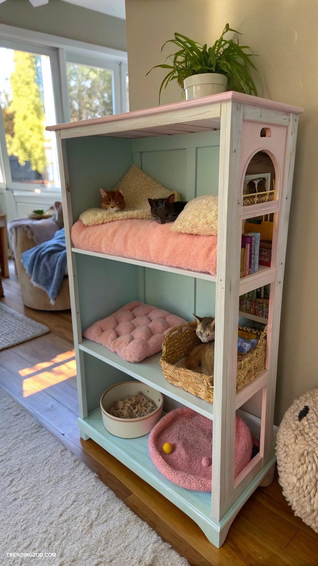 diy kitten house Repurposed bookshelf with cozy bedding