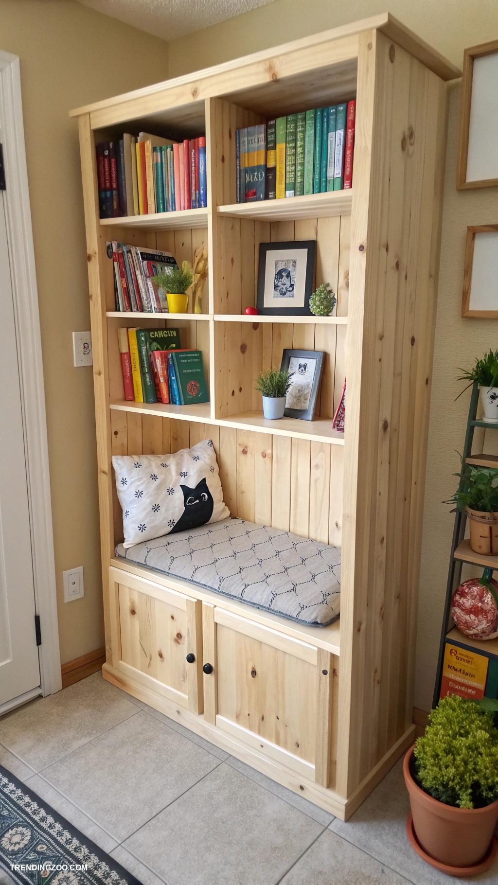 diy wooden cat house Cat friendly bookshelf hideaway