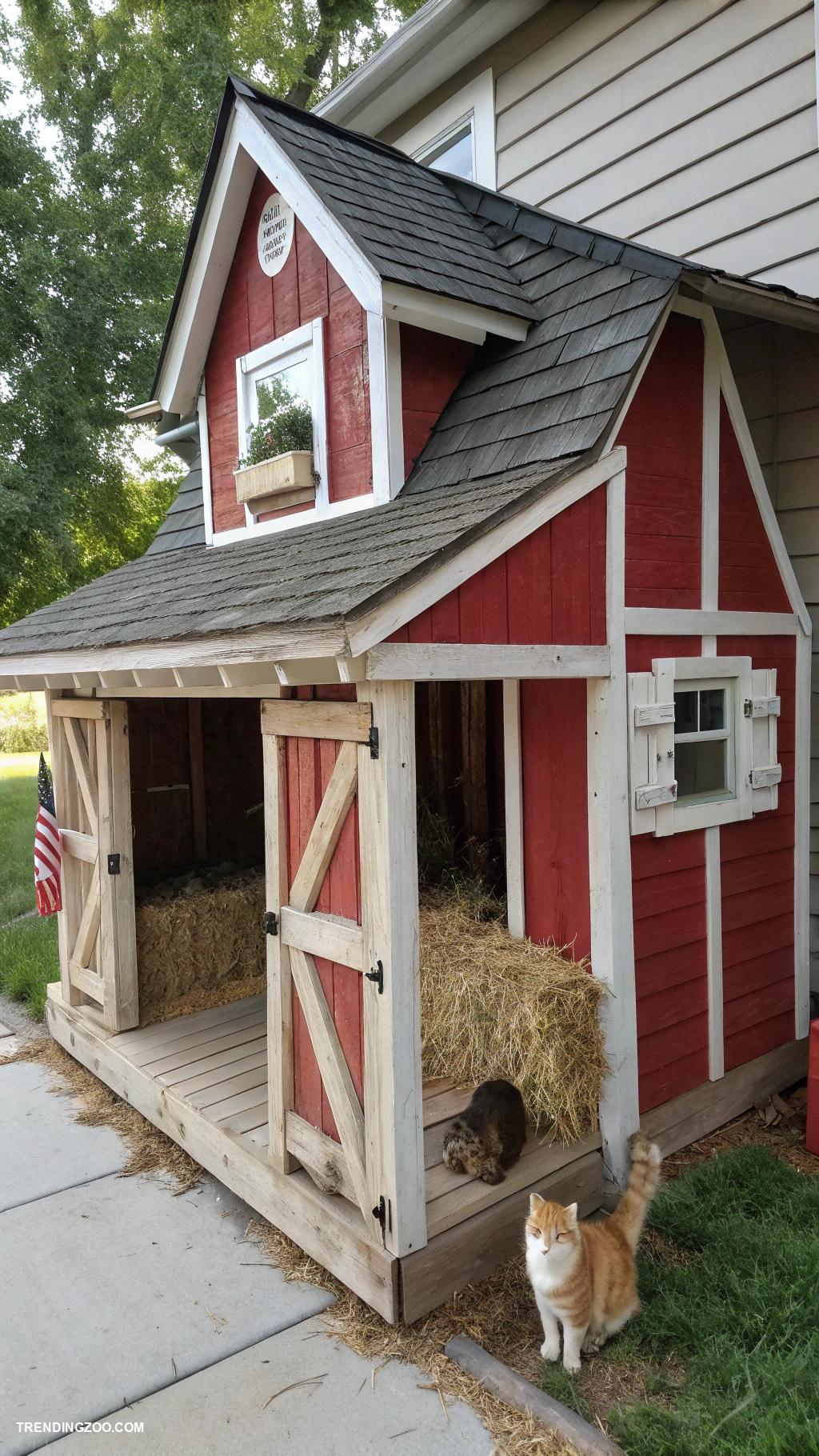 diy wooden cat house Rustic barn style shelter with hay