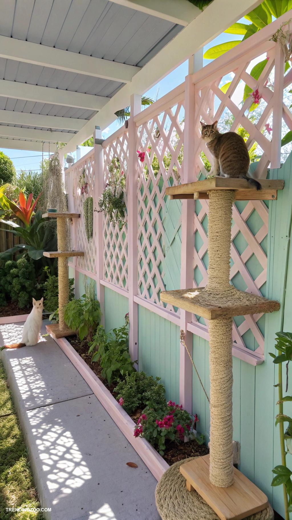 outdoor cat enclosure ideas Lattice fence with hanging scratching posts