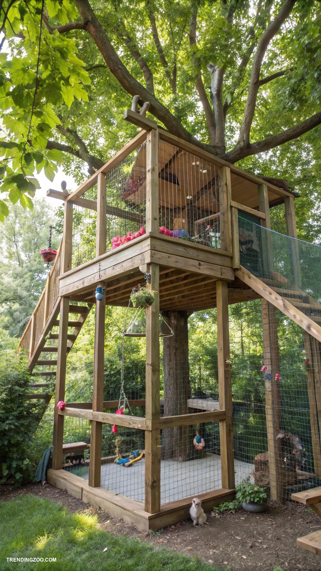 outdoor cat enclosure ideas Treetop catio with climbing ramp