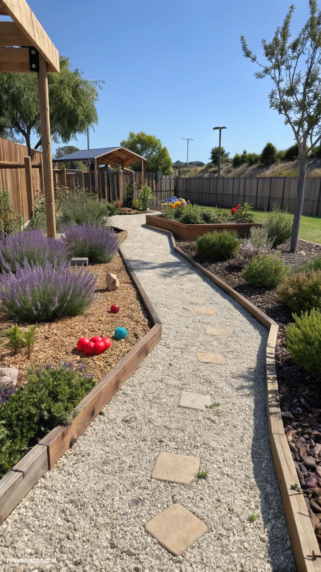 outdoor dog potty area Decorative gravel pathway with pet friendly plants