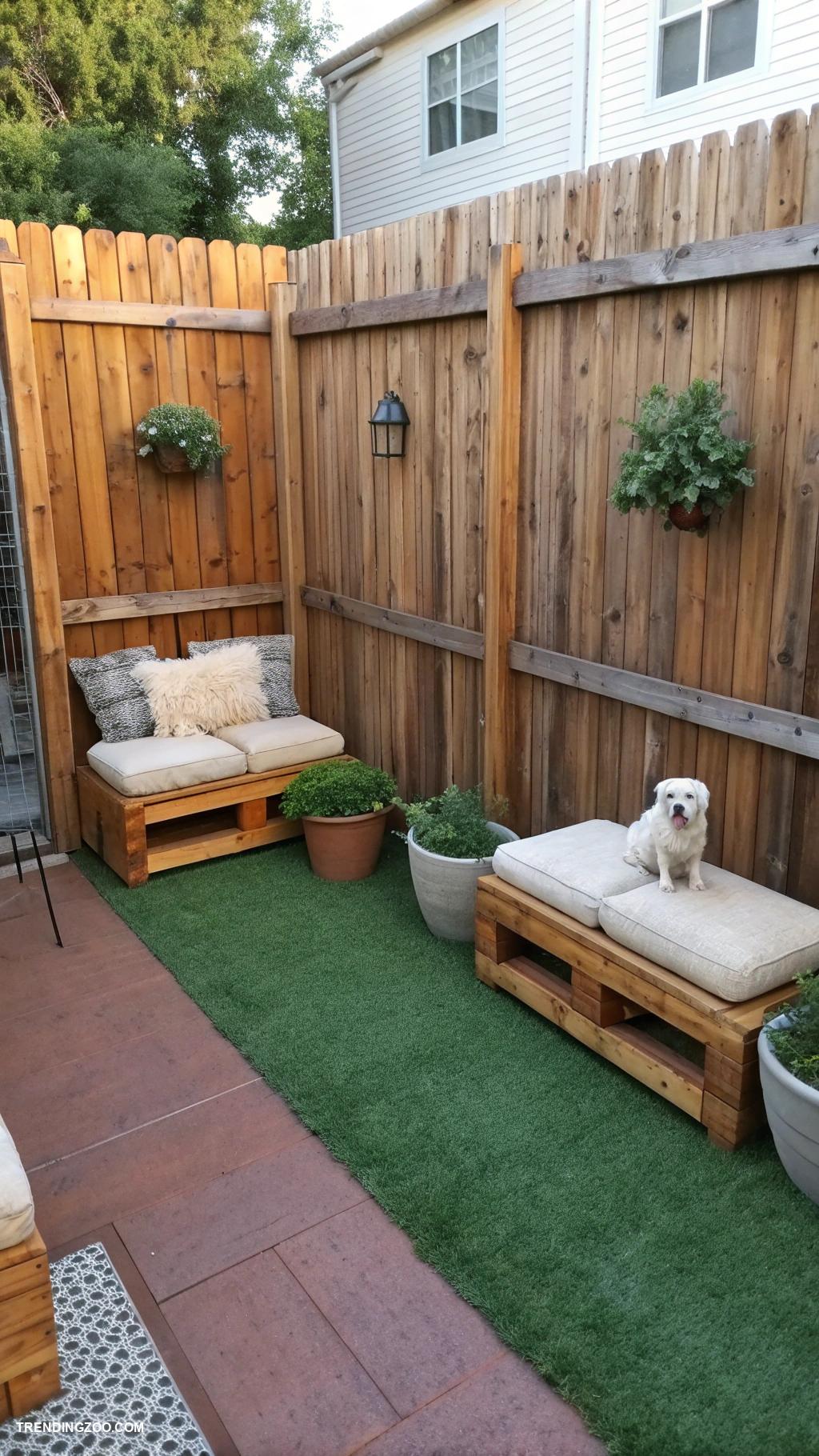 outdoor dog potty area Wooden fence enclosure with benches for owners