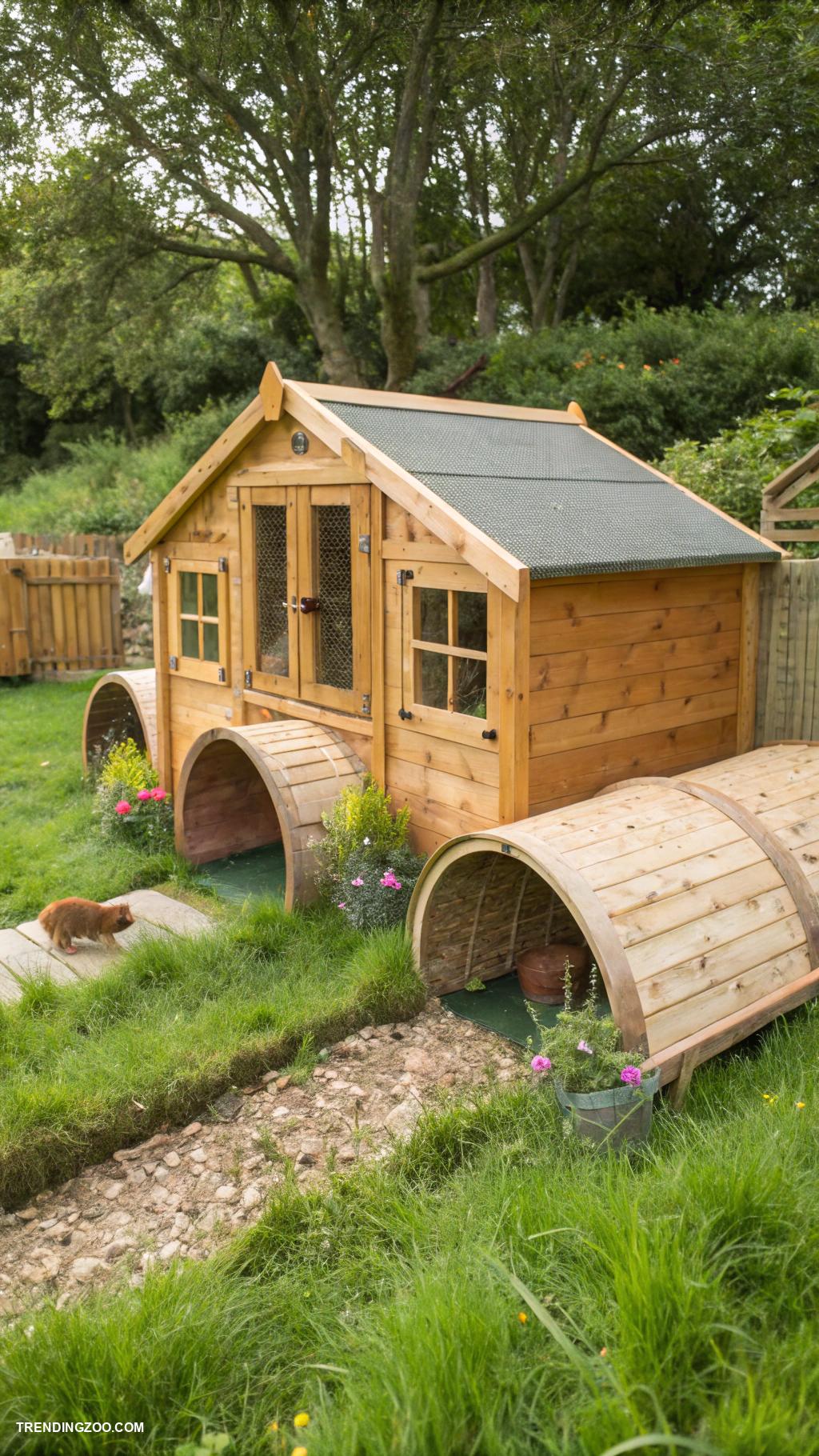 outdoor rabbit enclosure ideas Natural wooden lodge with tunnels