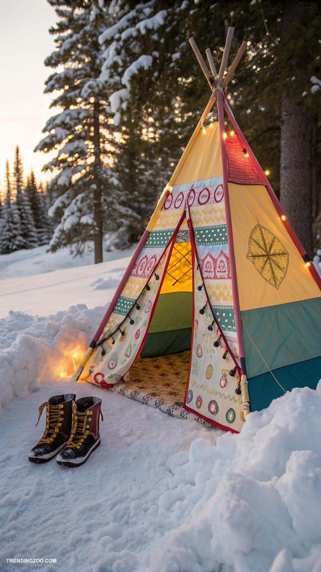 outdoor winter dog house Colorful canvas tent with snowshoes decor
