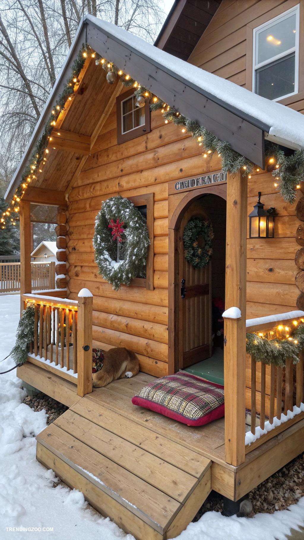 outdoor winter dog house Log cabin style with a front porch