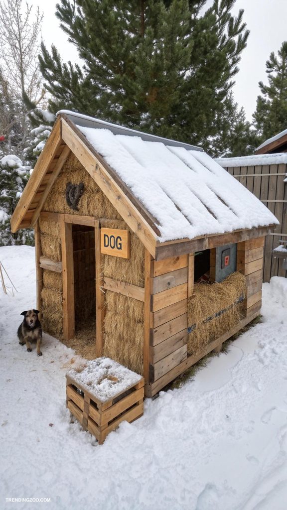 outdoor winter dog house Pallet house with straw insulation