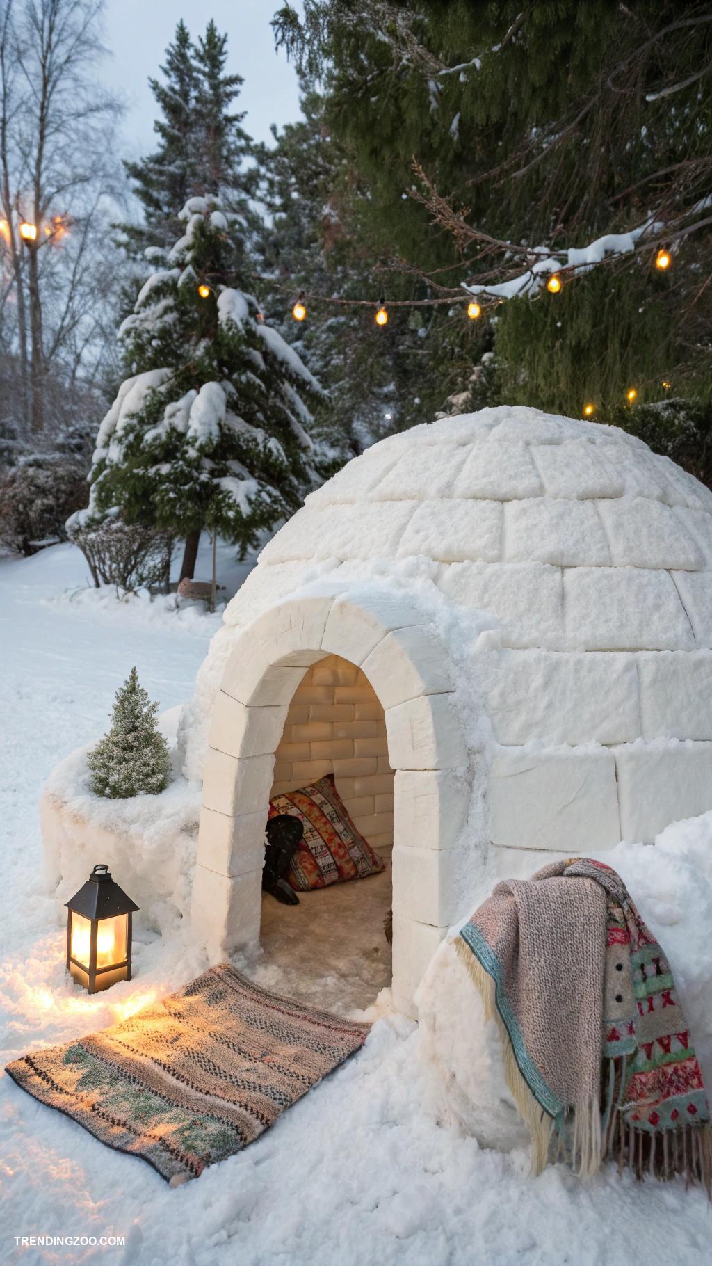 outdoor winter dog house Snow themed igloo with cozy bedding