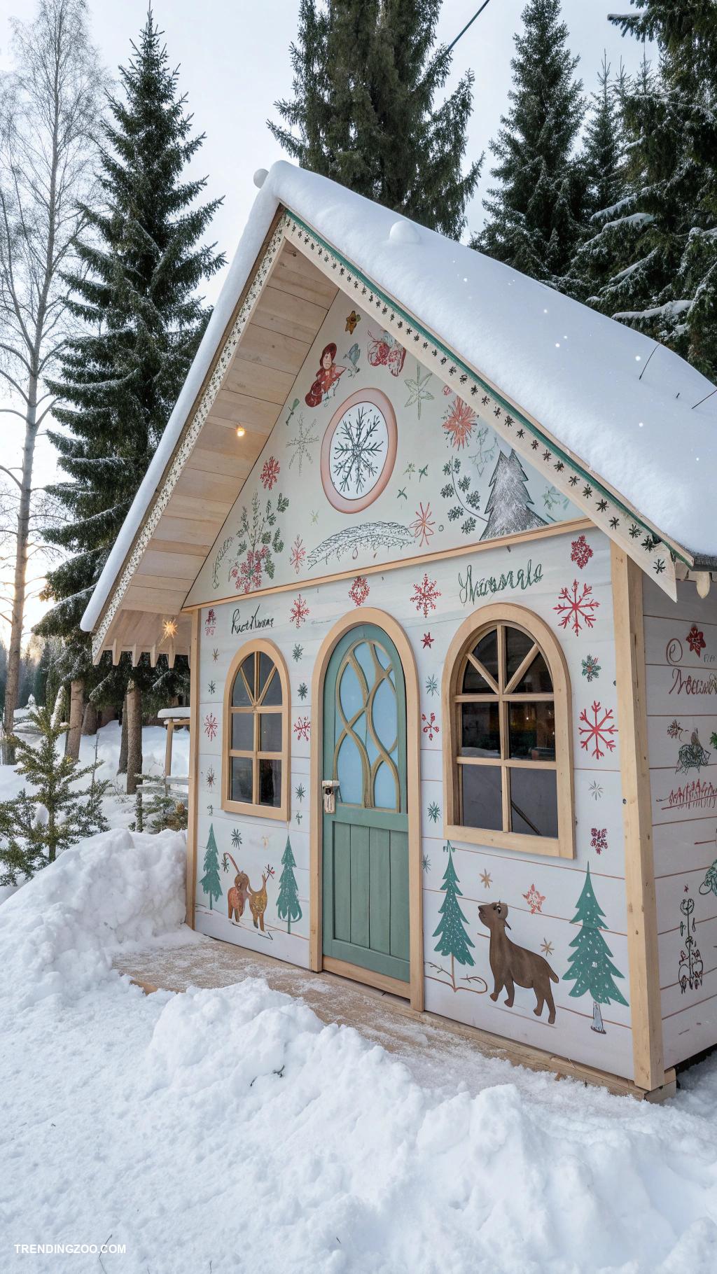 outdoor winter dog house Wooden hut with decorative winter paint