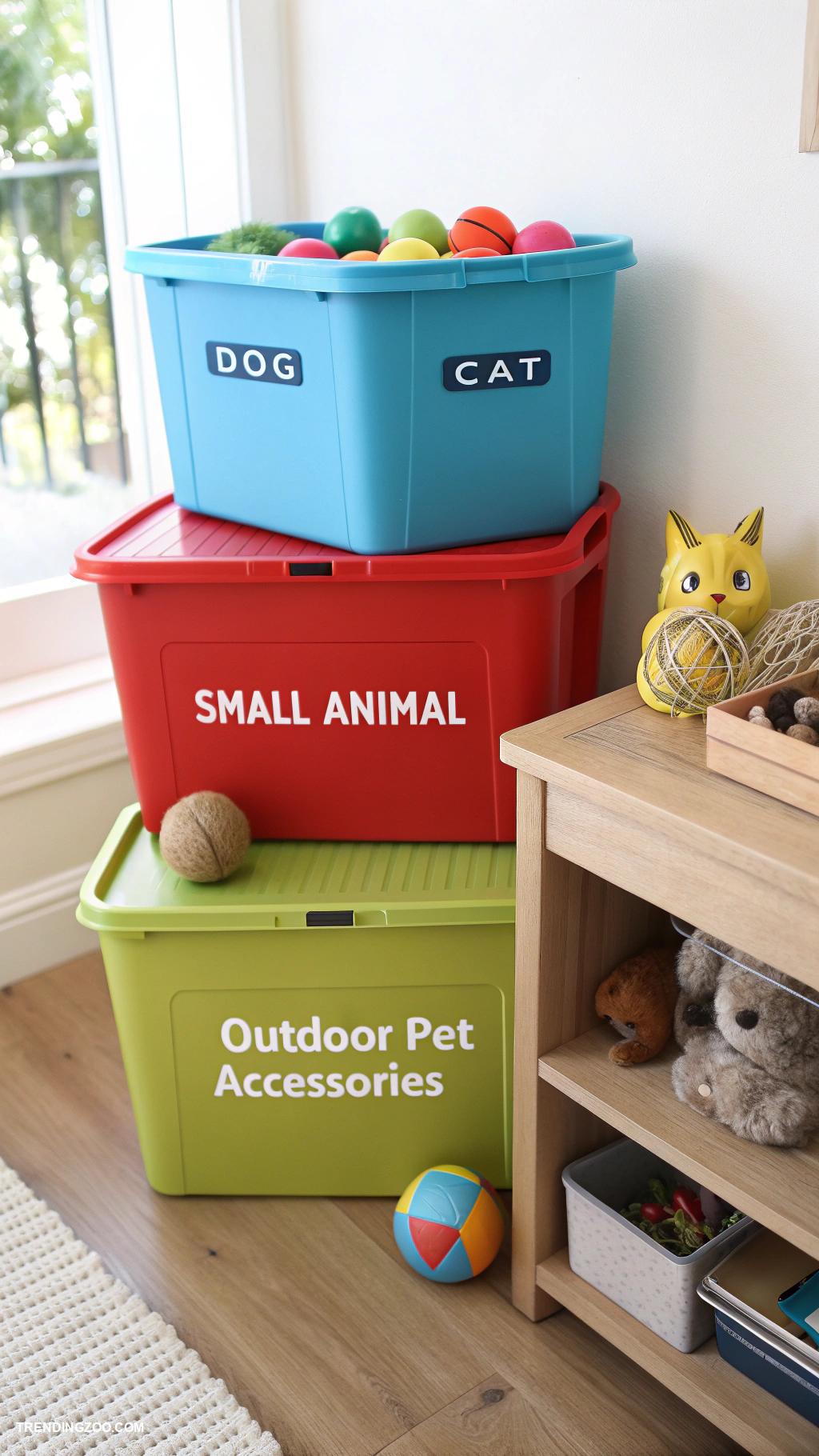 pet supplies organization ideas Color coded bins for different pet toys