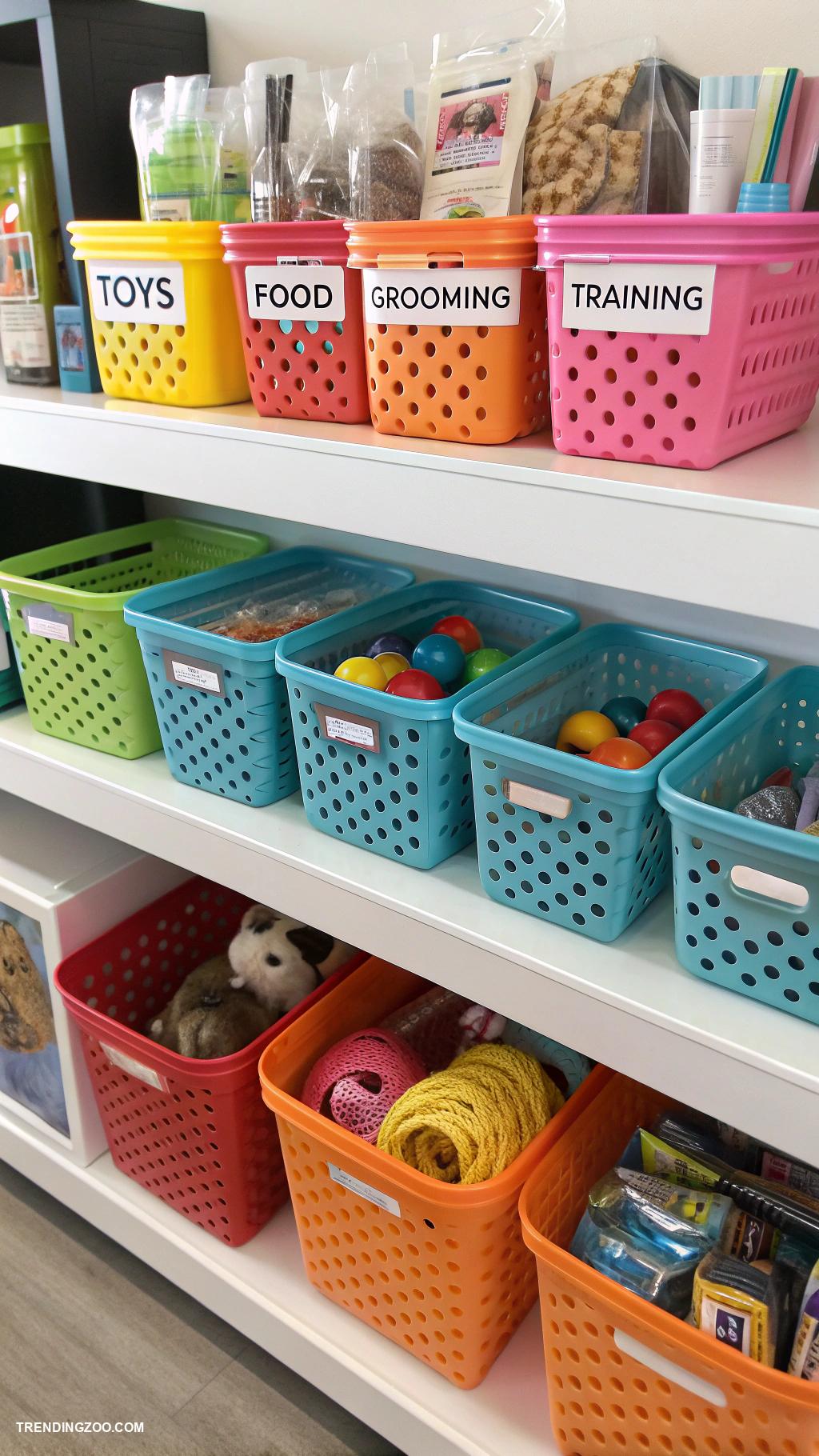 pet supplies organization ideas Plastic baskets for categorized pet supplies
